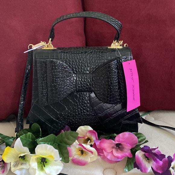 Betsey Johnson Double Bow Top Handle Crossbody + Satchel, Black & Gold - Picture 13 of 13